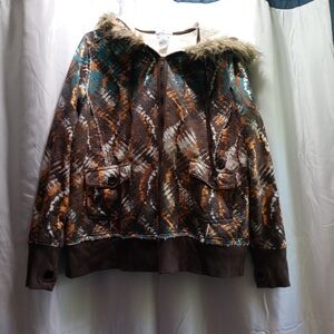 Self Esteem Brown and Teal Patterned Bomber Jacket